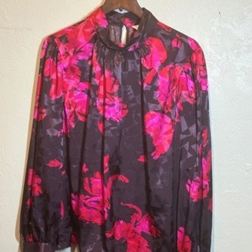 Nine West XXL Blouse Pink Black Mock Neck Floral Long Sleeve Whimsy Goth Top